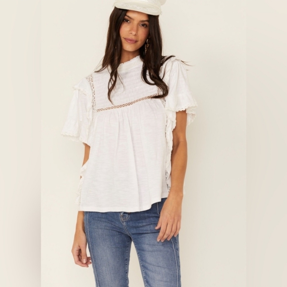 Free People White Lace-Trim Flutter Sleeve Blouse - Picture 2 of 16